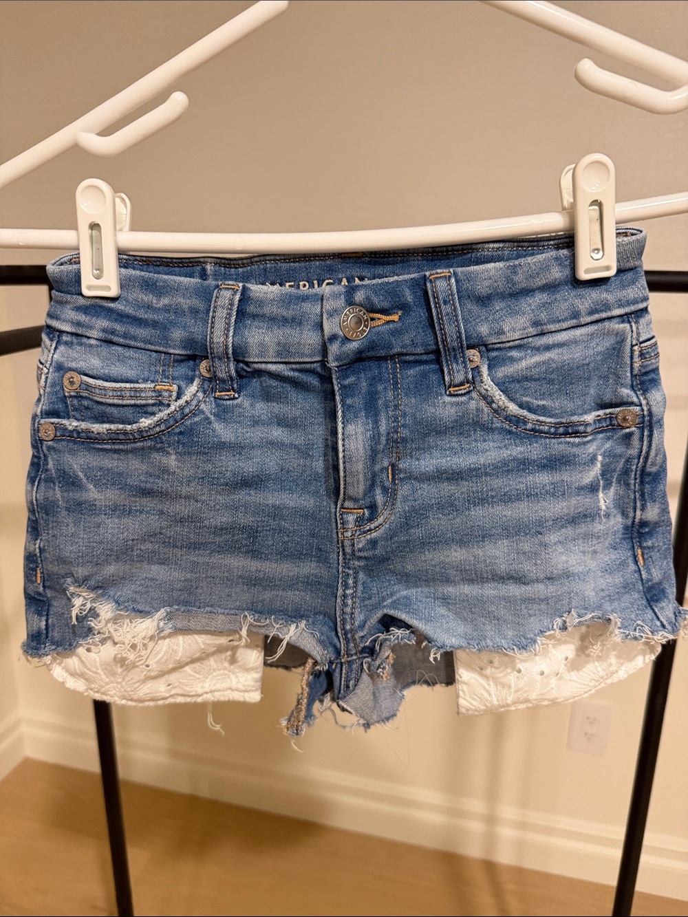 American Eagle Outfitters Blue Distressed Denim Shorts with White Lace Trim